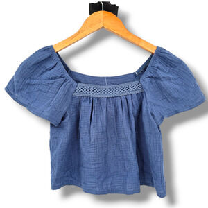 Love Squared Girls Boho Cropped Square Neck Cotton Blouse Top Blue Size 8